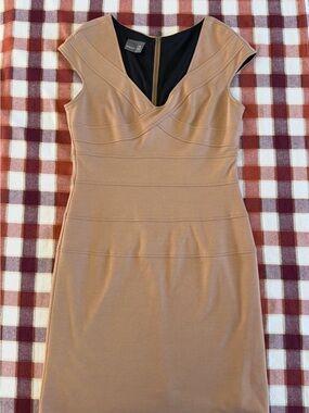 Muse Tan Midi Sheath Dress with V-Neck